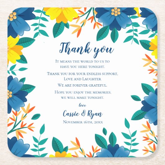 Chic Blauw Geel Bloemen Huwelijk Dank u Bericht Kartonnen Onderzetters (Voorkant)