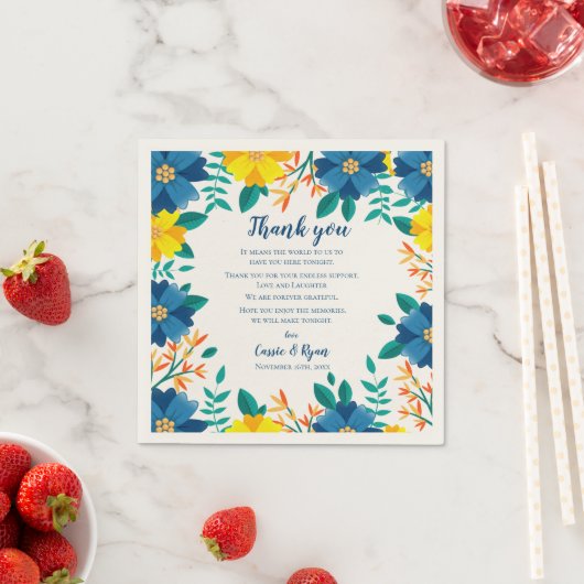 Chic Blauw Geel Bloemen Huwelijk Dank u Bericht Servet (Insitu)