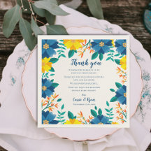 Chic Blauw Geel Bloemen Huwelijk Dank u Bericht