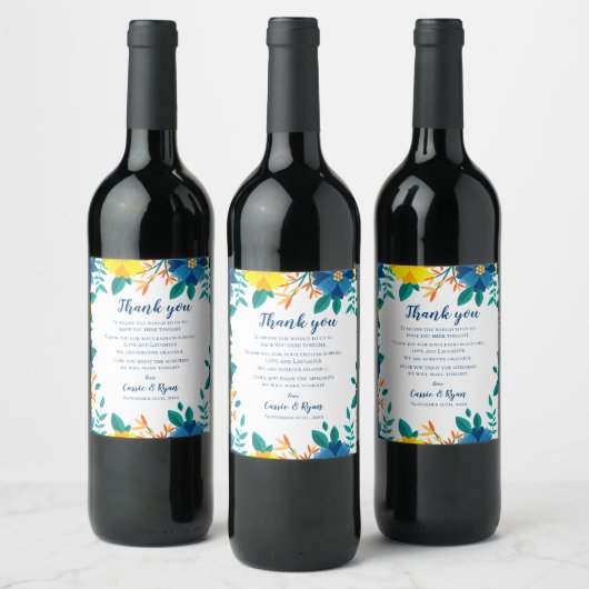 Chic Blauw Geel Bloemen Huwelijk Dank u Bericht Wijn Etiket (Flessen)