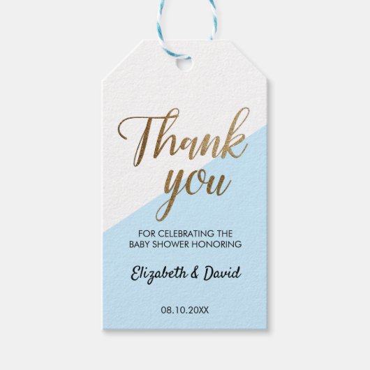 Chic Blauw Goud Bedankt Script Koppel Baby Borrel Cadeaulabel (Voorkant)