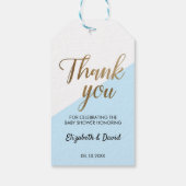 Chic Blauw Goud Bedankt Script Koppel Baby Borrel Cadeaulabel (Achterkant)