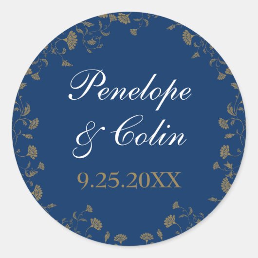  Chic Blauw Goud Bloemen Naam Datum Ronde Sticker (Voorkant)