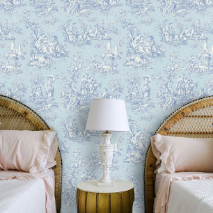 Chic  blauw grijs toile de jouy bedrukt behang