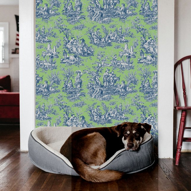 Chic  blauw groen toile de jouy bedrukt behang (Creator heeft geüpload)