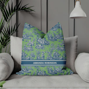 Chic  blauw groen toile de jouy bedrukt kussen