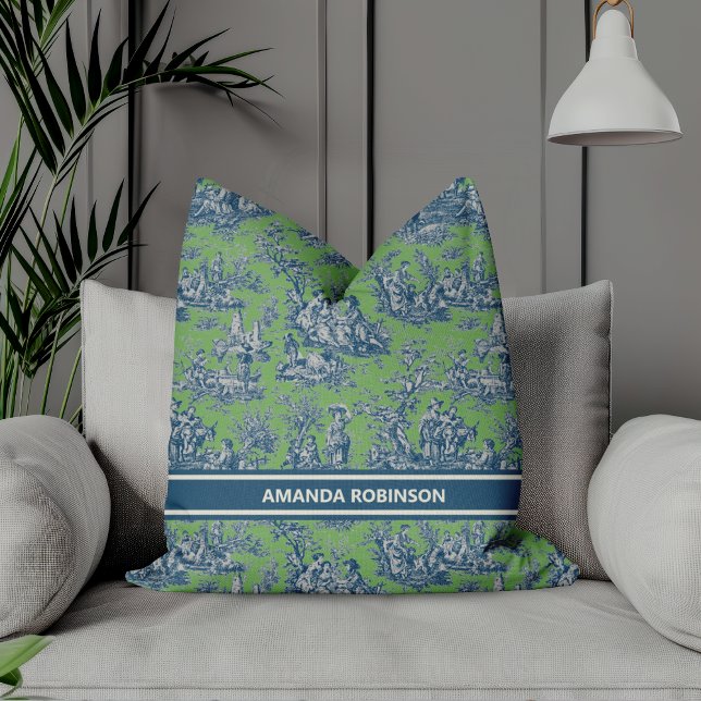 Chic  blauw groen toile de jouy bedrukt kussen (Creator heeft geüpload)