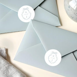 Chic Blauw Hand Getrokken Boog & Lint Monogram Cre Ronde Sticker