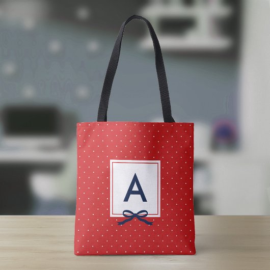 Chic Blauw Lint Rode Stippenpatroon Monogram Tote Bag