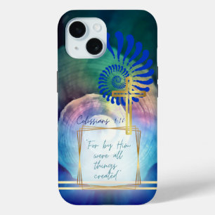 Chic Blauw Mauve Groen Geloof Nautilus Goud Kruis iPhone 15 Case