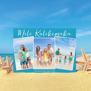 Chic Blauw Mele Kalikimaka 3 Strand Foto Kerstmis Feestdagenkaart