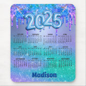 Chic blauw paarse glitter druppels 2025 kalender muismat (Voorkant)