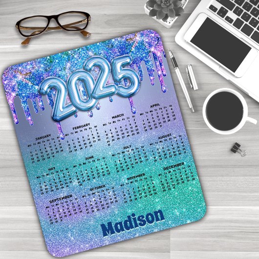Chic blauw paarse glitter druppels 2025 kalender muismat
