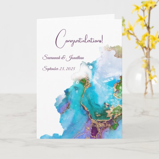 Chic Blauw Paarse Goud Abstracte bruiloft Kaart (Gele Bloem)