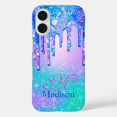 Chic blauw paarse ombre glitter druppels monogram Case-Mate iPhone case (Achterkant)