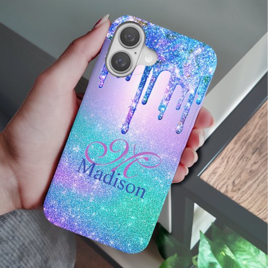 Chic blauw paarse ombre glitter druppels monogram Case-Mate iPhone case