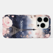 Chic Blauw Roze Bloemen Parijs Eiffeltoren Case-Mate iPhone Case (Achterkant (horizontaal))