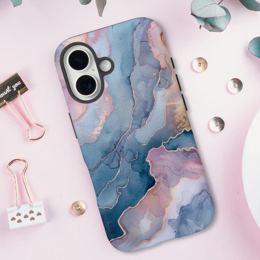 Chic Blauw Roze Goud Agaat Marmer Case-Mate iPhone Case