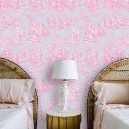Chic  blauw roze toile de jouy bedrukt behang