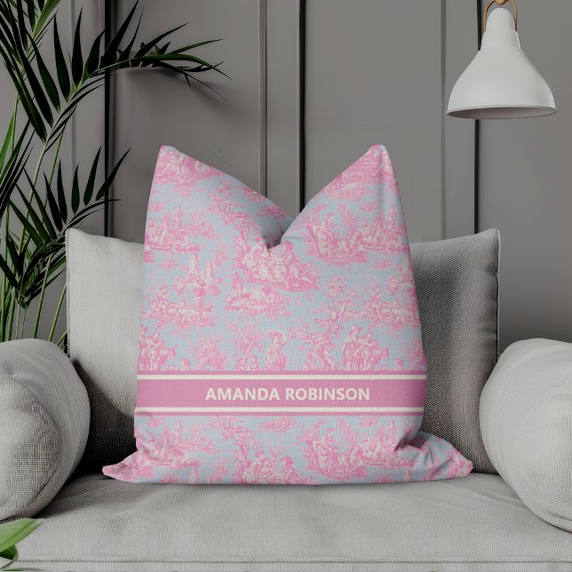 Chic  blauw roze toile de jouy bedrukt kussen (Creator heeft geüpload)