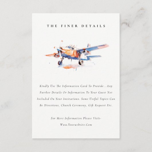Chic Blauw Sinaasappel Blush Vliegtuig Trouwdetail Informatiekaartje (Voorkant)