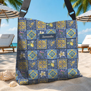 Chic Blauw Teal Siciliaans Citrus Tegelpatroon Crossbody Tas