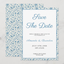 Chic Blauw Toile de Jouy Bloemen Grens Huwelijk Save The Date