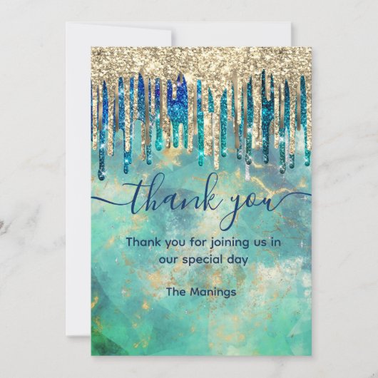 Chic blauw turquoise goud glitter druppels dank u kaart (Voorkant)