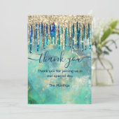 Chic blauw turquoise goud glitter druppels dank u kaart (Staand voorkant)