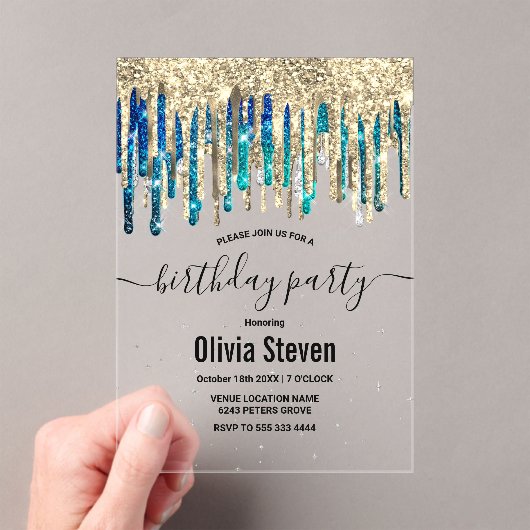 Chic blauw turquoise goud glitter druppels verjaar acryl uitnodigingen (Insitu (Draagbaar))