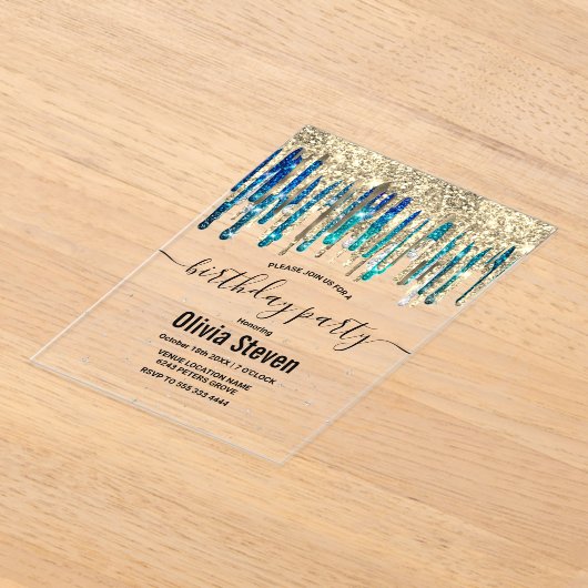 Chic blauw turquoise goud glitter druppels verjaar acryl uitnodigingen (Laagn)