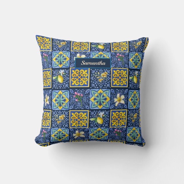 Chic Blauw turquoise Siciliaans citrus Mediterraan Kussen (Voorkant)