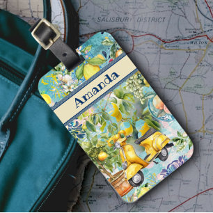 Chic blauw turquoise Siciliaanse citrus collage bl Bagagelabel