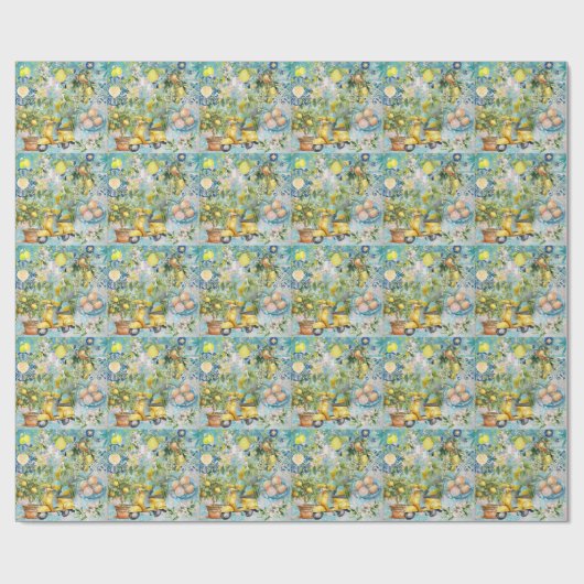 Chic blauw turquoise Siciliaanse citrus collage bl Cadeaupapier (Vlak)