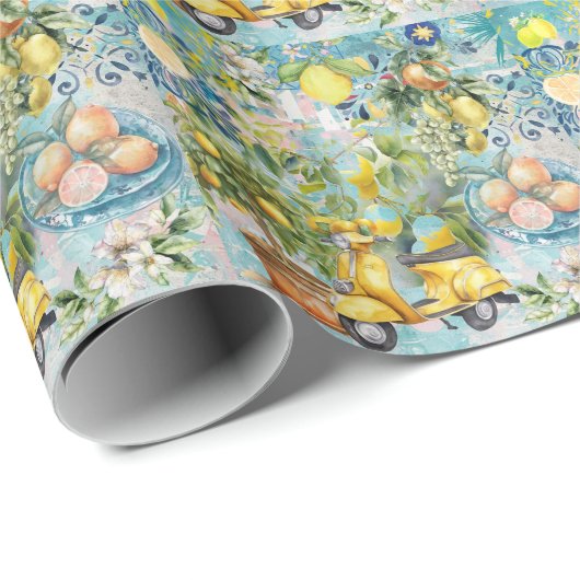 Chic blauw turquoise Siciliaanse citrus collage bl Cadeaupapier (Rol Hoek)