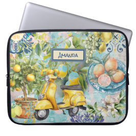 Chic blauw turquoise Siciliaanse citrus collage bl Laptop Sleeve