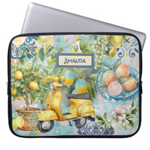 Chic blauw turquoise Siciliaanse citrus collage bl Laptop Sleeve