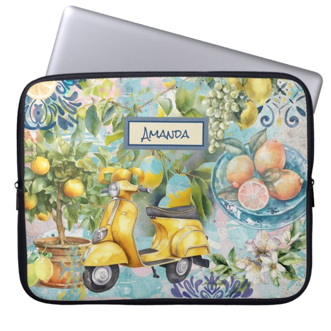 Chic blauw turquoise Siciliaanse citrus collage bl Laptop Sleeve (Voorkant)