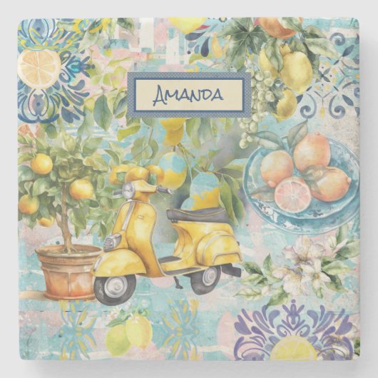 Chic blauw turquoise Siciliaanse citrus collage bl Stenen Onderzetter (Voorkant)