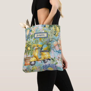 Chic blauw turquoise Siciliaanse citrus collage bl Tote Bag