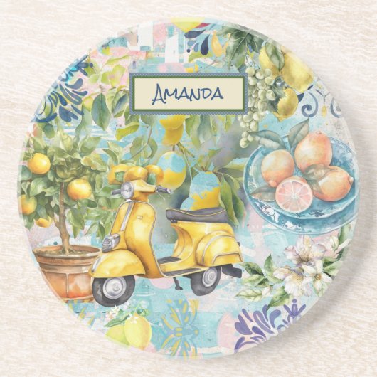 Chic blauw turquoise Siciliaanse citrus collage bl Zandsteen Onderzetter (Voorkant)