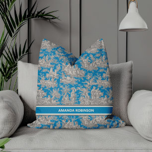 Chic  blauw turquoise toile de jouy bedrukt kussen