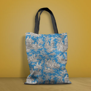Chic blauw turquoise toile de jouy bedrukt tote bag