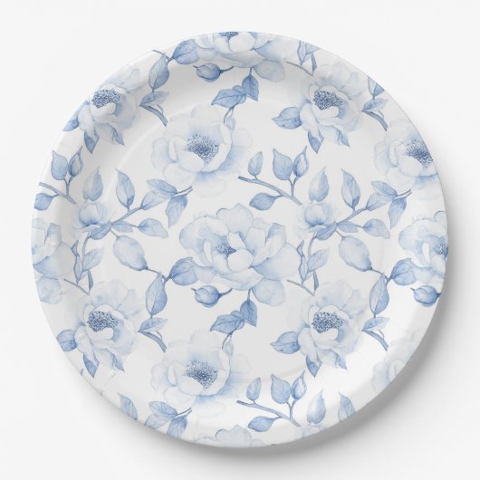 Chic Blauw Wit Bloemen Huwelijk Papieren Bordje (Voorkant)