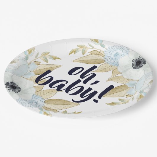 Chic Blauw & Wit Bloemen Oh Baby Baby shower Papieren Bordje (Gekanteld)