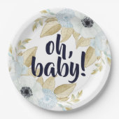 Chic Blauw & Wit Bloemen Oh Baby Baby shower Papieren Bordje (Voorkant)
