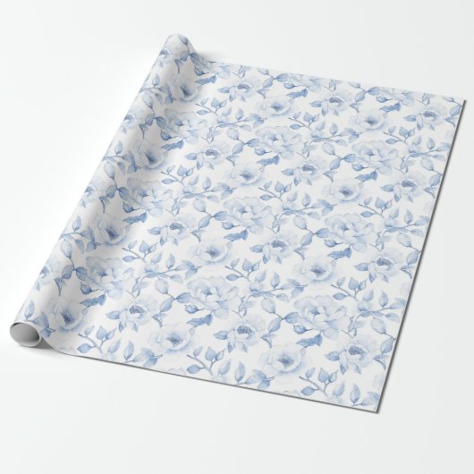Chic Blauw Wit Bloemen Vrijgezellenfeest bruiloft Cadeaupapier (Uitgerold)