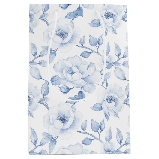 Chic Blauw Wit Bloemen Vrijgezellenfeest bruiloft Medium Cadeauzakje (Voorkant)