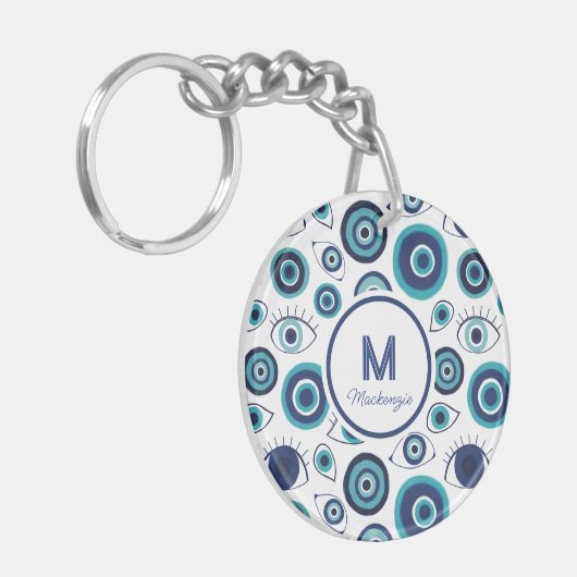 Chic Blauw Wit Grieks Kwaad Oog Monogram Sleutelhanger (Voorkant Links)