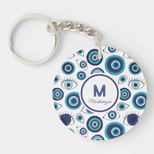 Chic Blauw Wit Grieks Kwaad Oog Monogram Sleutelhanger (Voorkant)